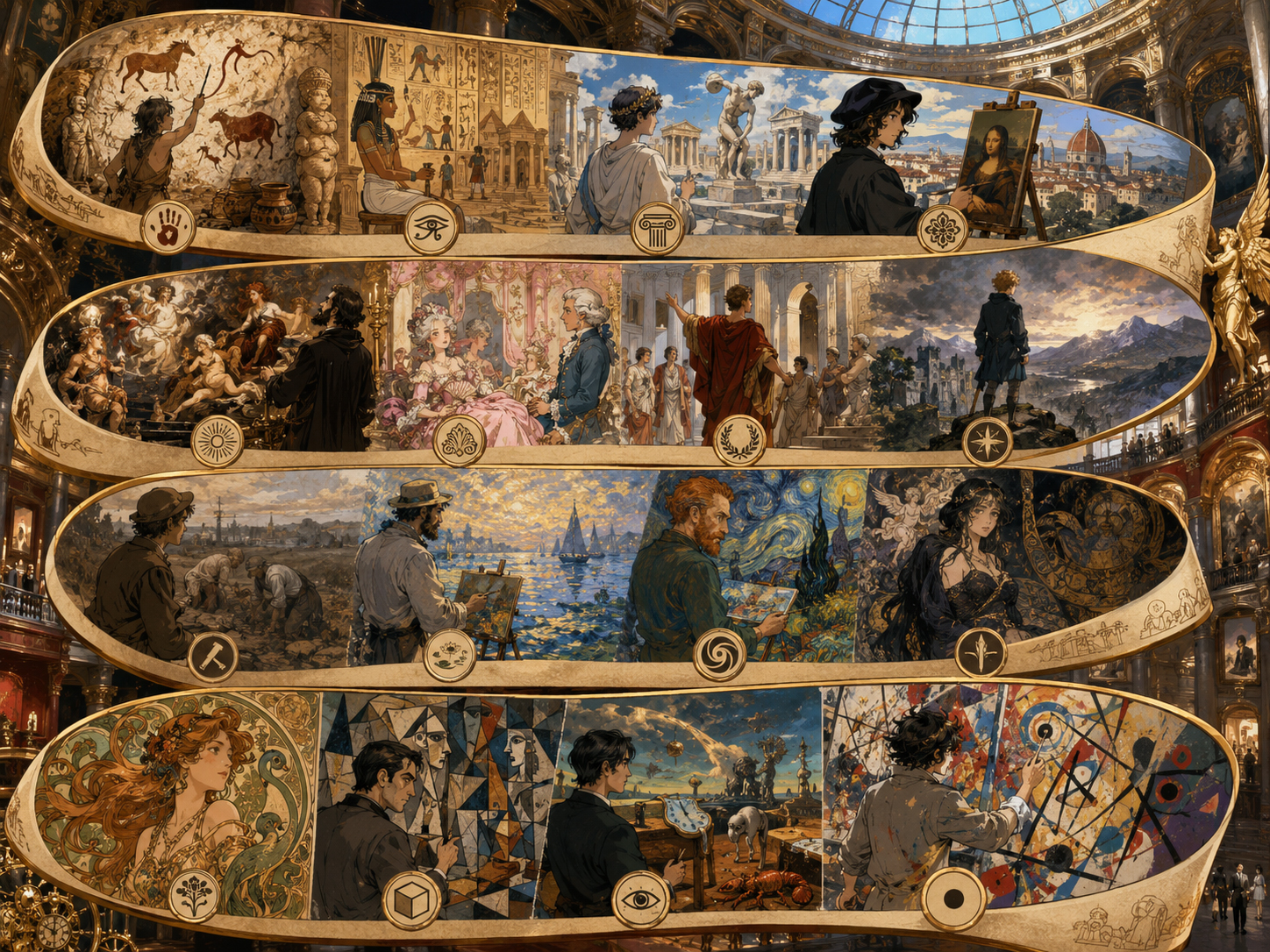 A manga-style scroll showing the timeline of art movements