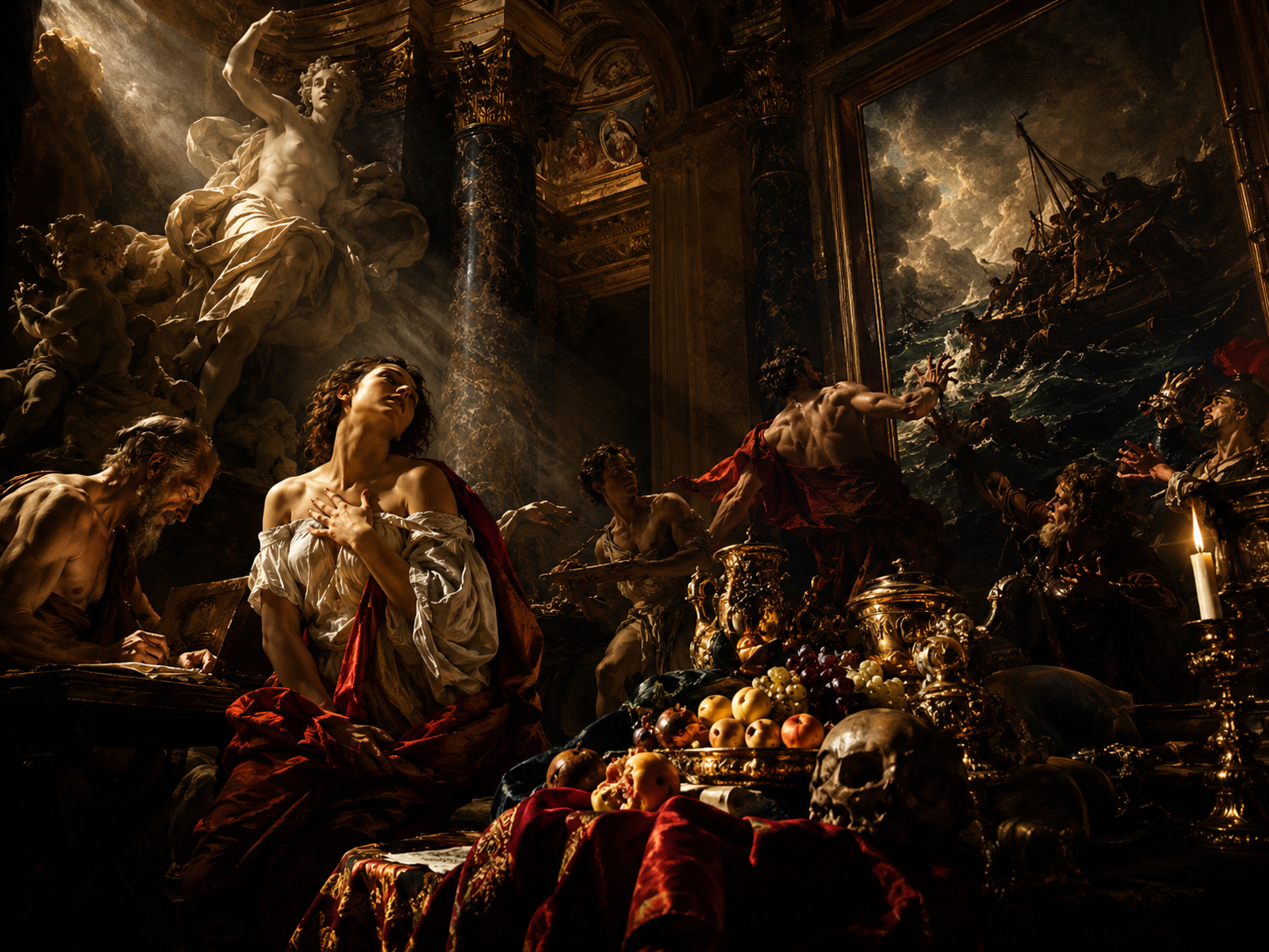 Baroque interior with dramatic light, movement, and shadow