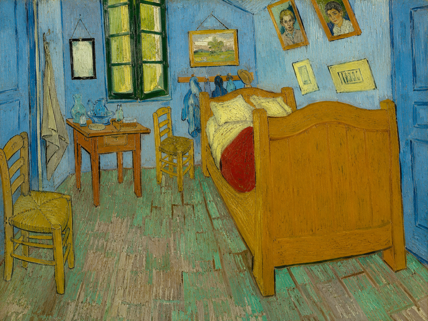 Rustic bedroom with blue walls and vibrant sunlight