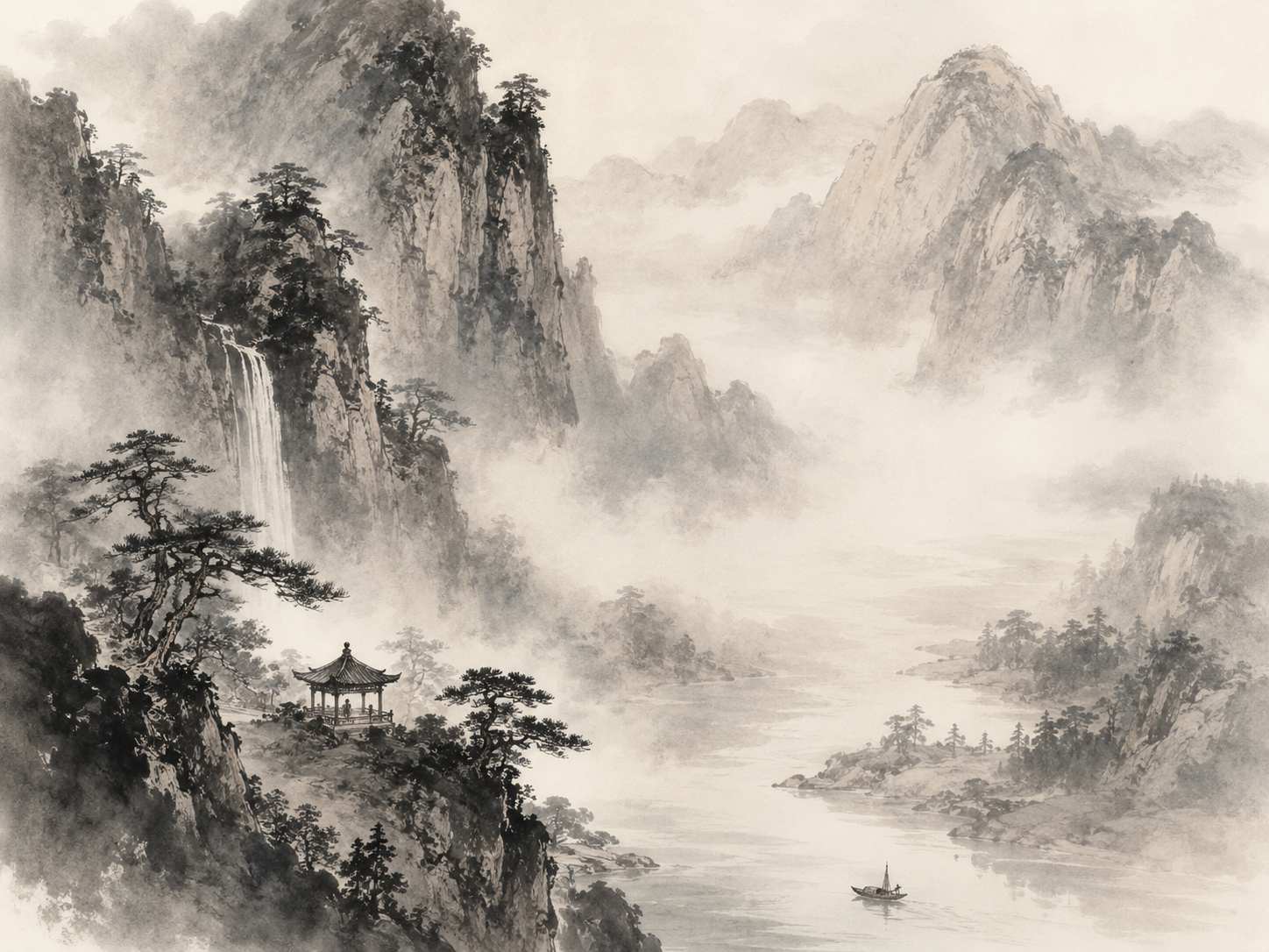 Chinese ink landscape with mist and mountains