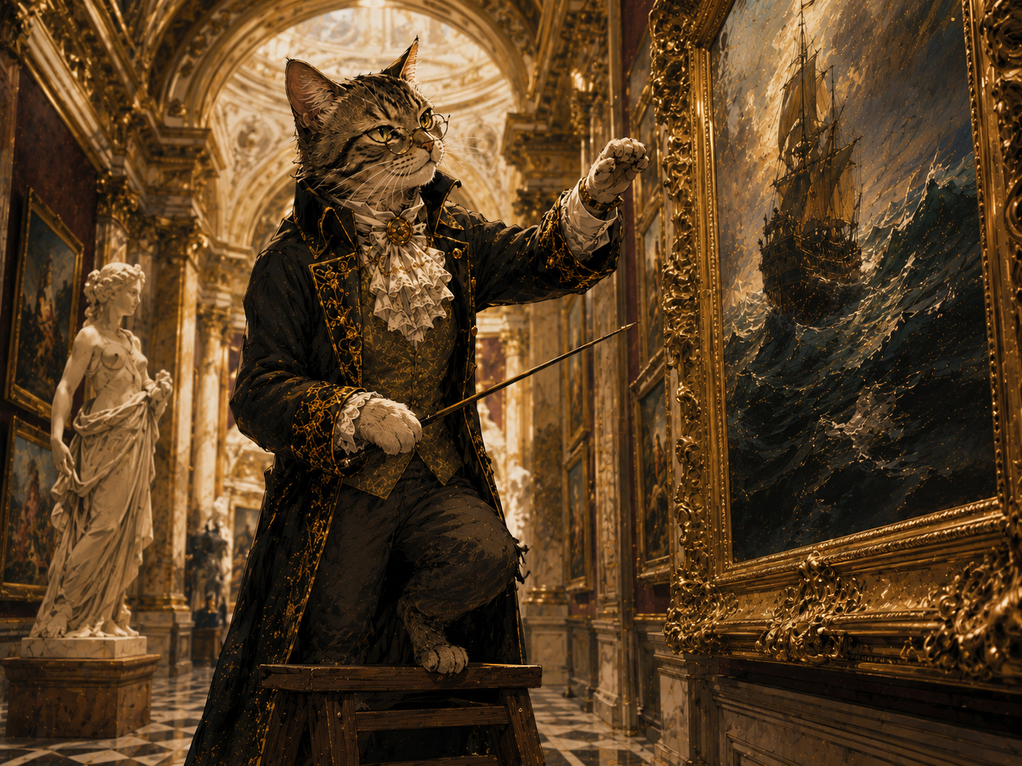 Curator Cat character judging a gallery display