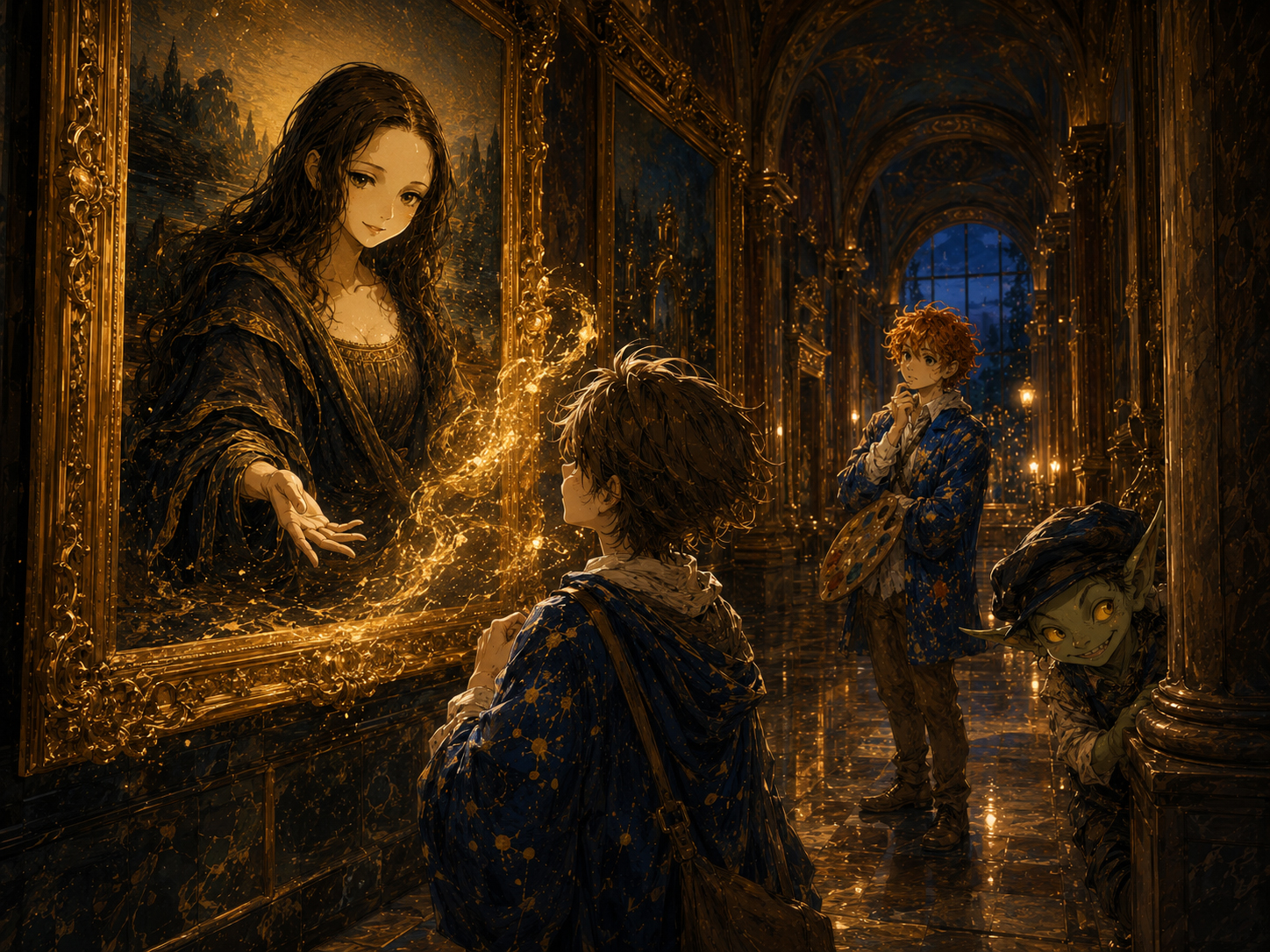 A painting begins talking in a magical gallery at dusk