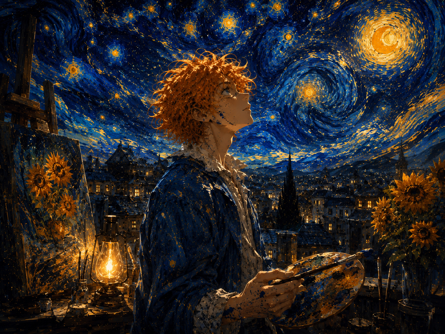 Van Gogh Boy seeing stars in a glowing studio
