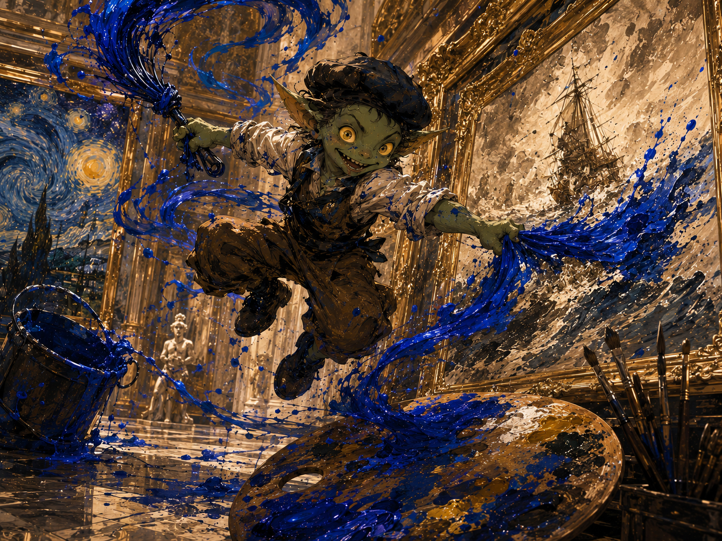 The Palette Goblin stealing blue paint in a gallery