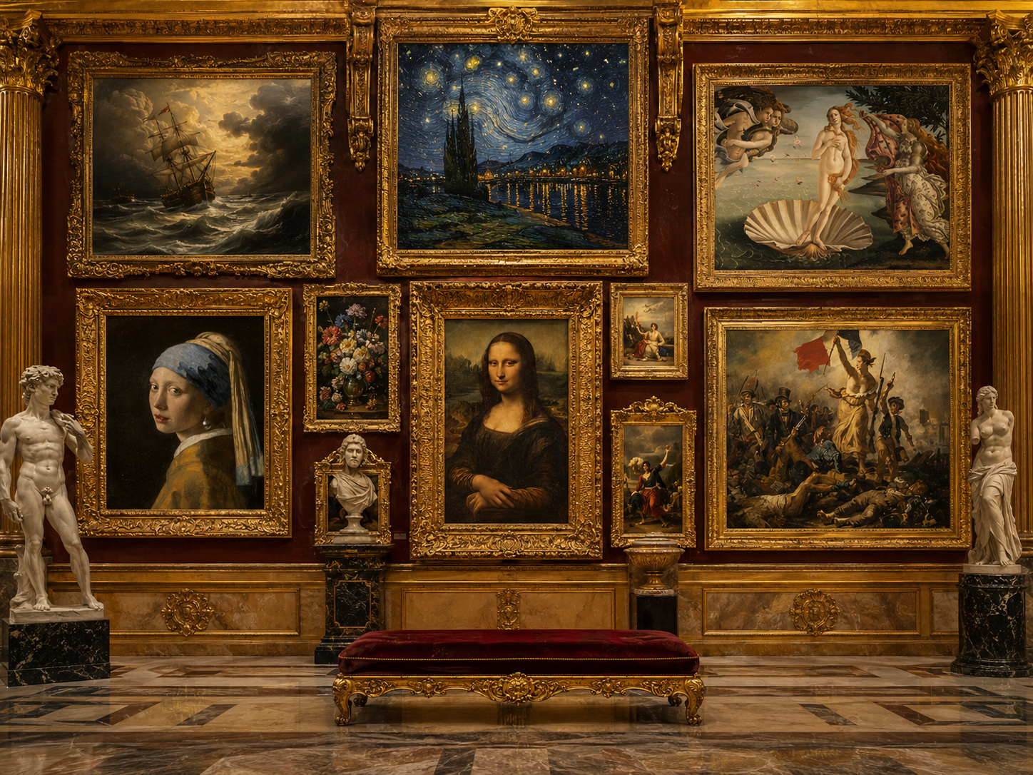 A wall of legendary paintings in a grand museum hall