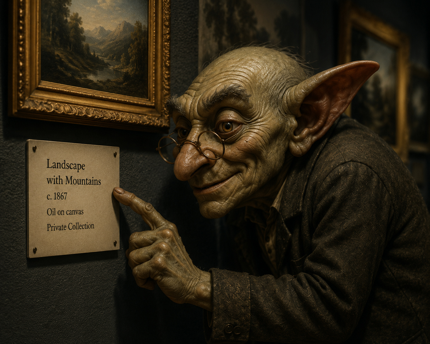 A mischievous goblin pointing at a museum gallery label
