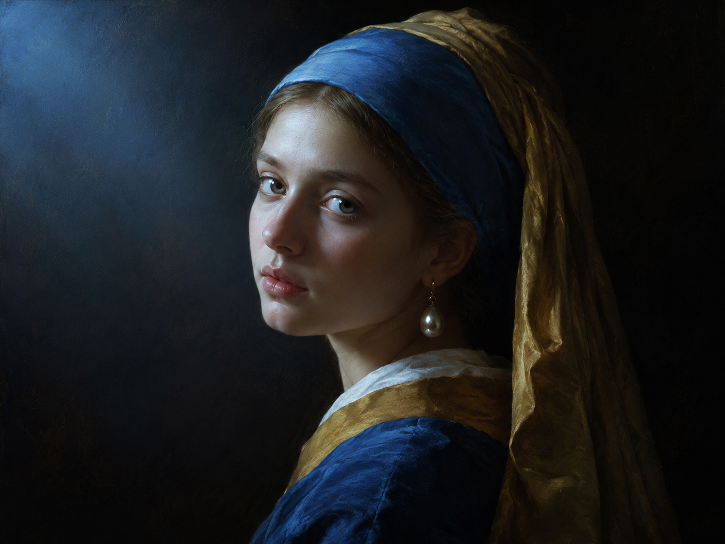 Blue-lit manga-inspired portrait inspired by classic Dutch painting traditions