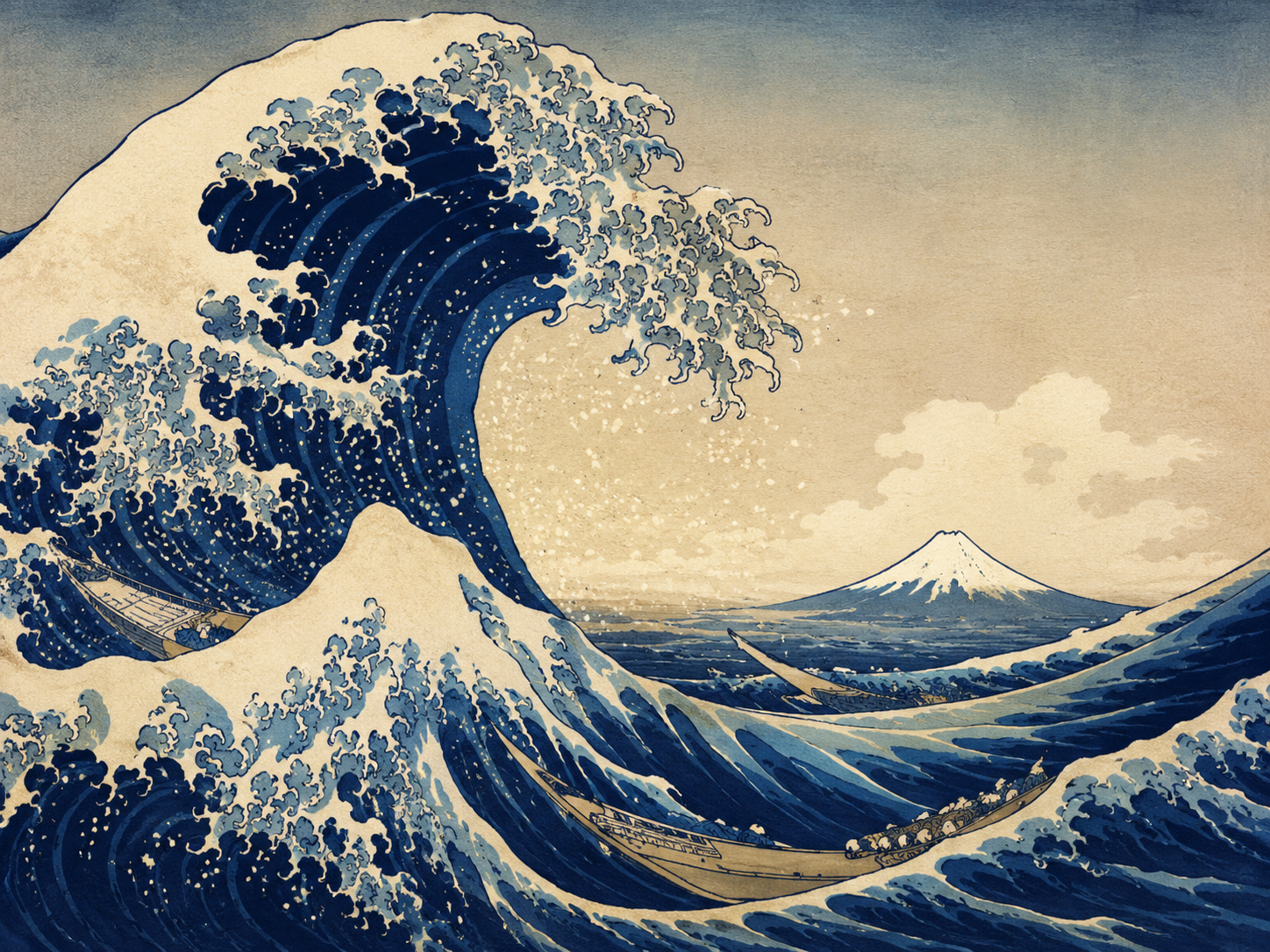Great wave inspired woodblock drama with distant mountain