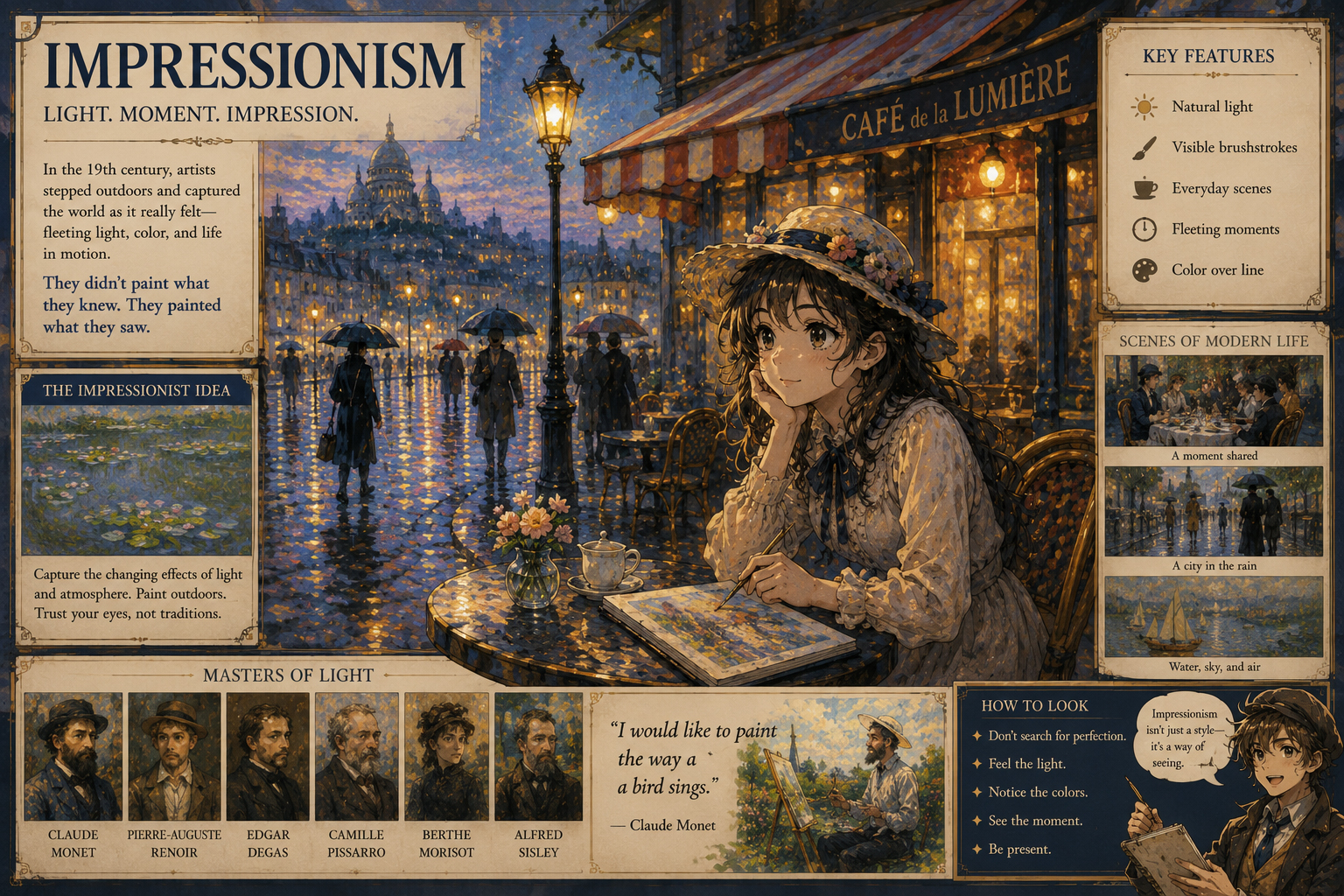 Rainy impressionist cafe street with glowing reflections