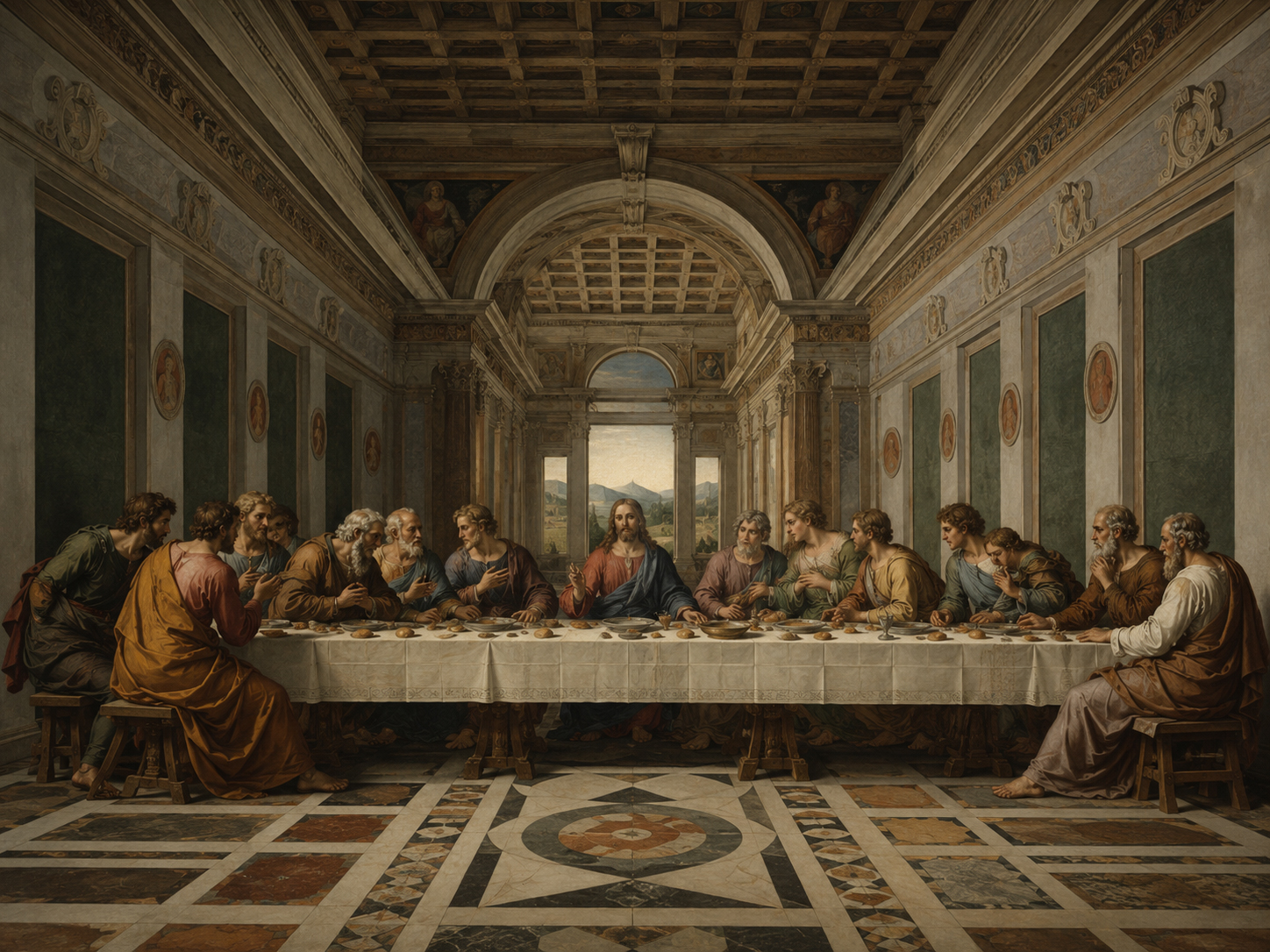 Renaissance banquet room with strong perspective
