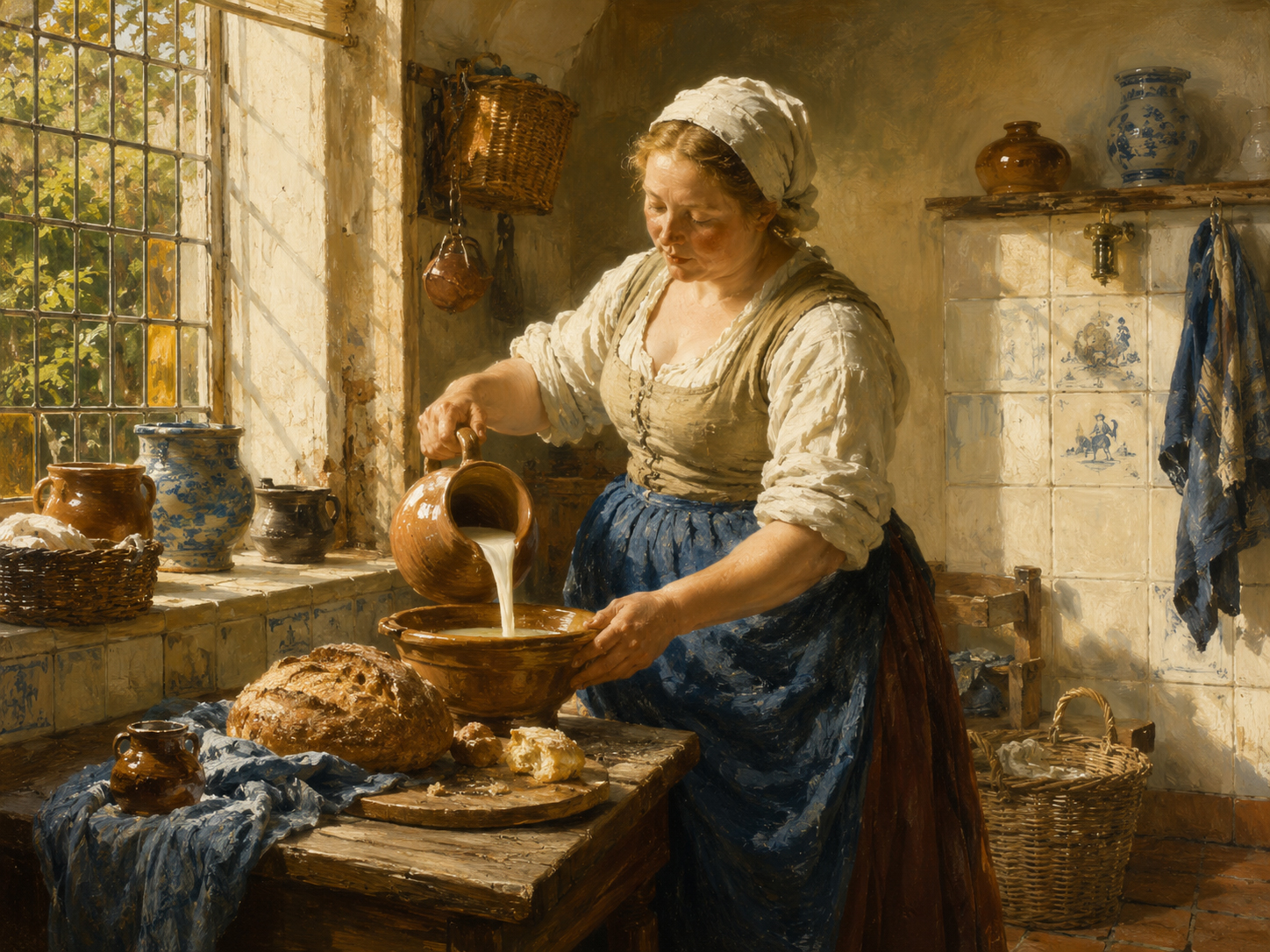 Sunlit kitchen with a milk pourer