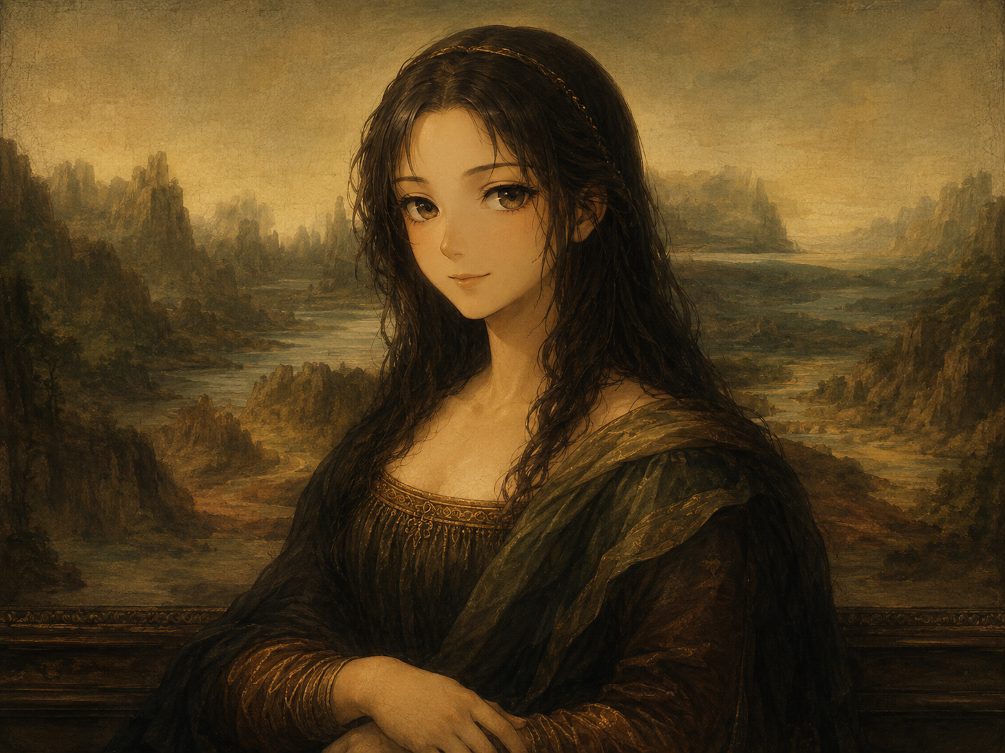 Manga-inspired Mona Lisa mystery smile scene