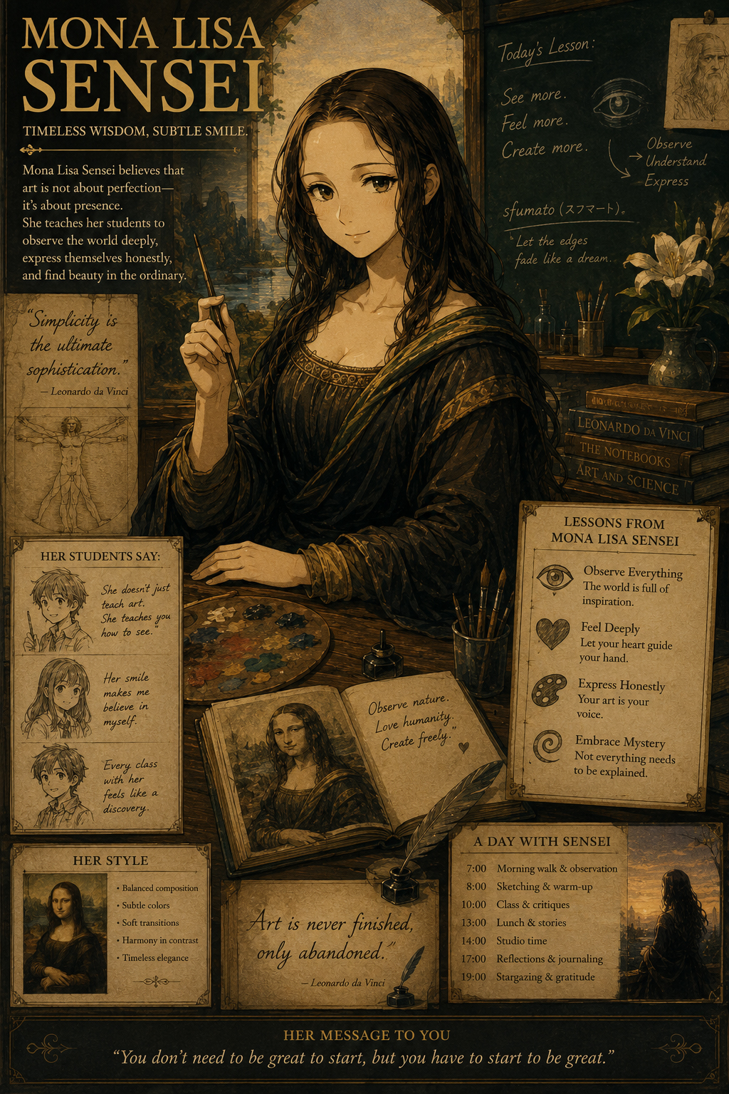 Mona Lisa Sensei character in a classic art classroom