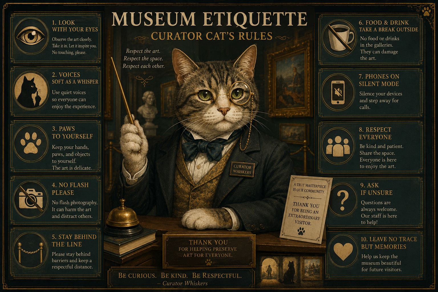 Curator Cat enforcing museum etiquette in a grand gallery