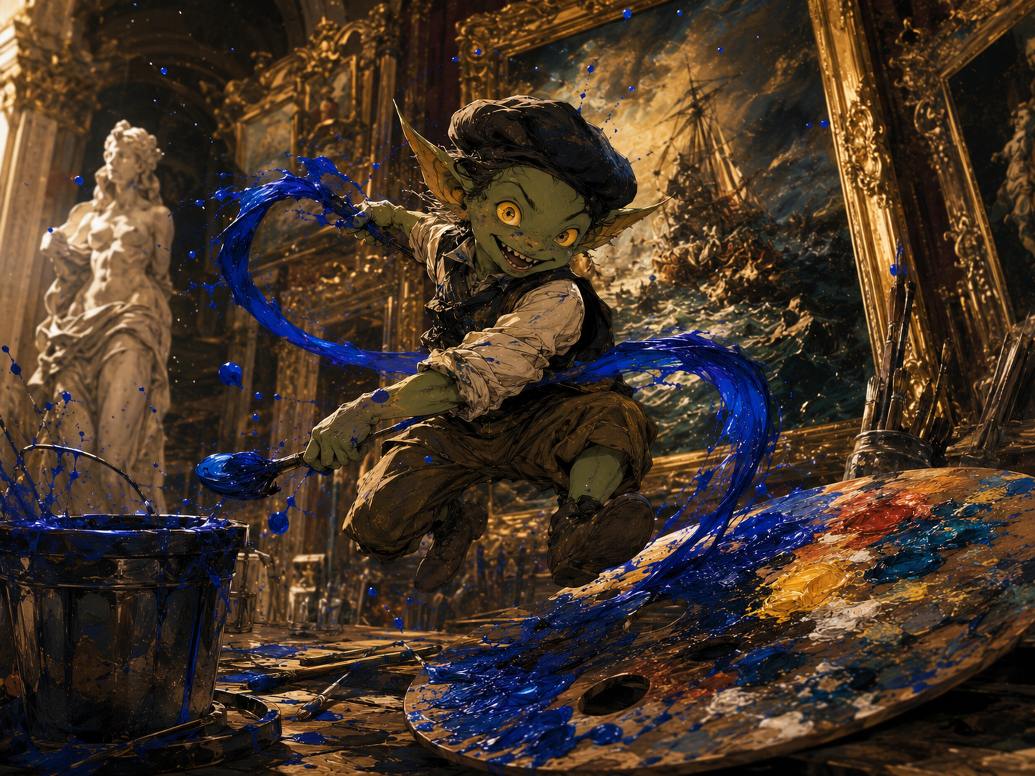Palette Goblin character causing colorful trouble in an art studio