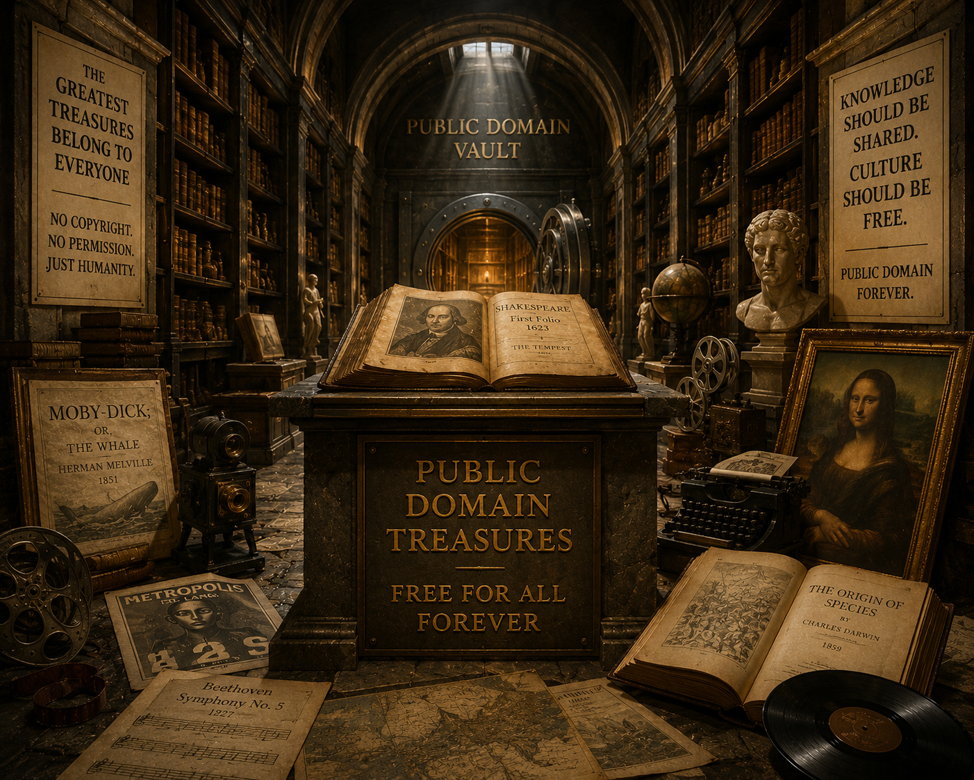 A grand treasure vault filled with public-domain books, paintings, and cultural artifacts
