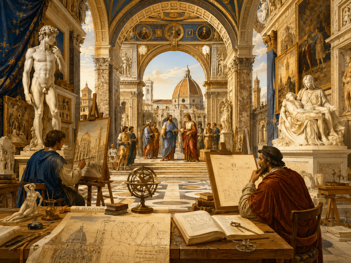 Renaissance studio filled with ordered light, geometry, and classical beauty