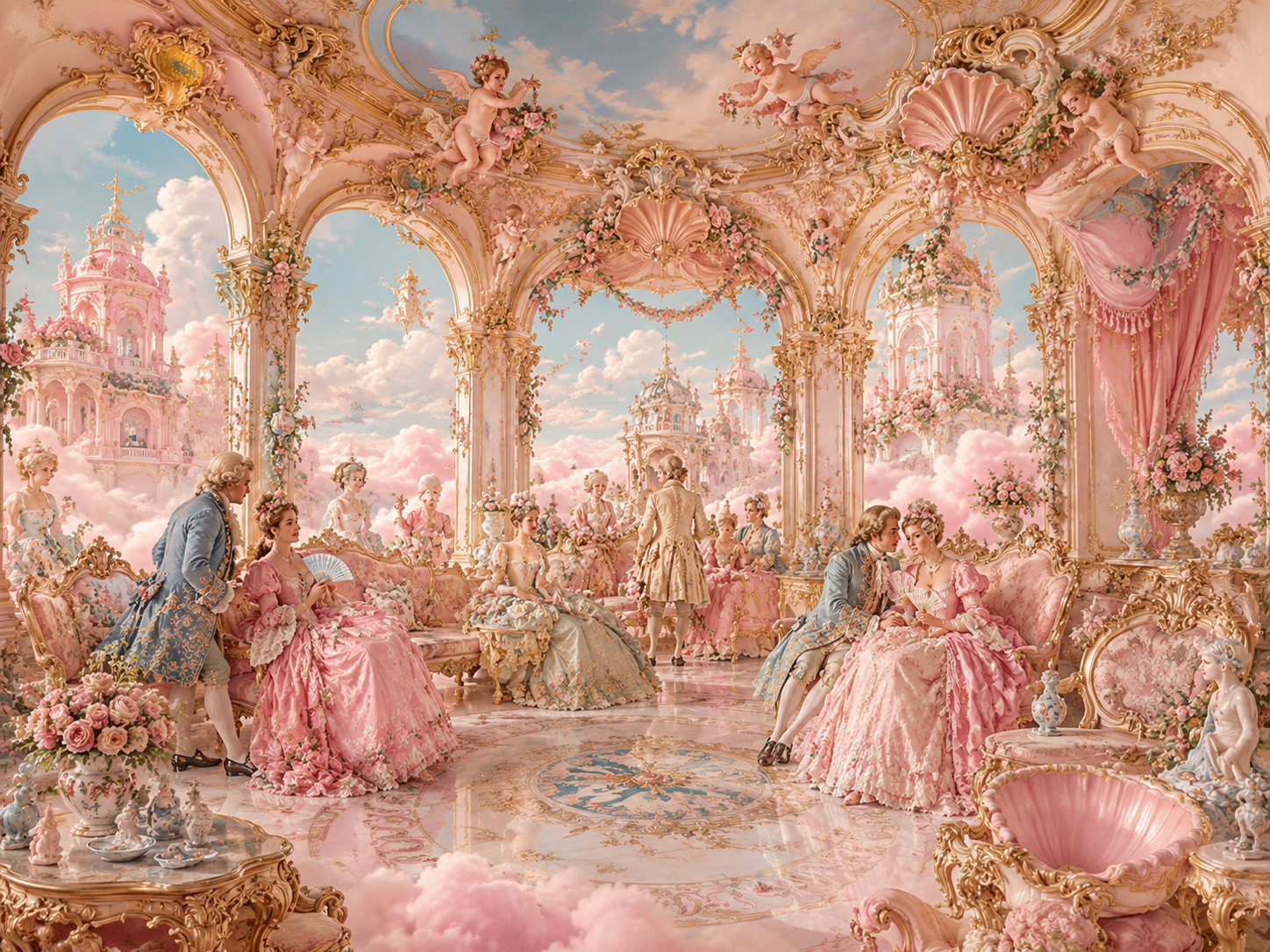 Rococo palace scene with pink clouds, ornament, and playful elegance