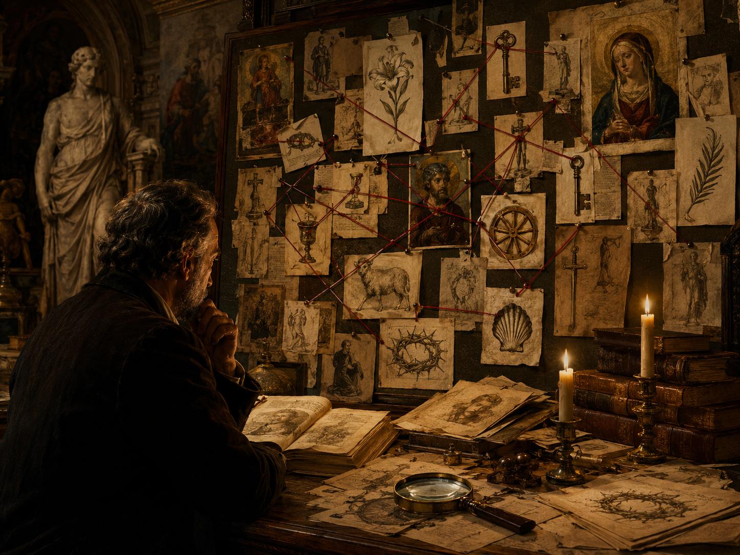 An art-history detective board connecting saints, symbols, and painting clues