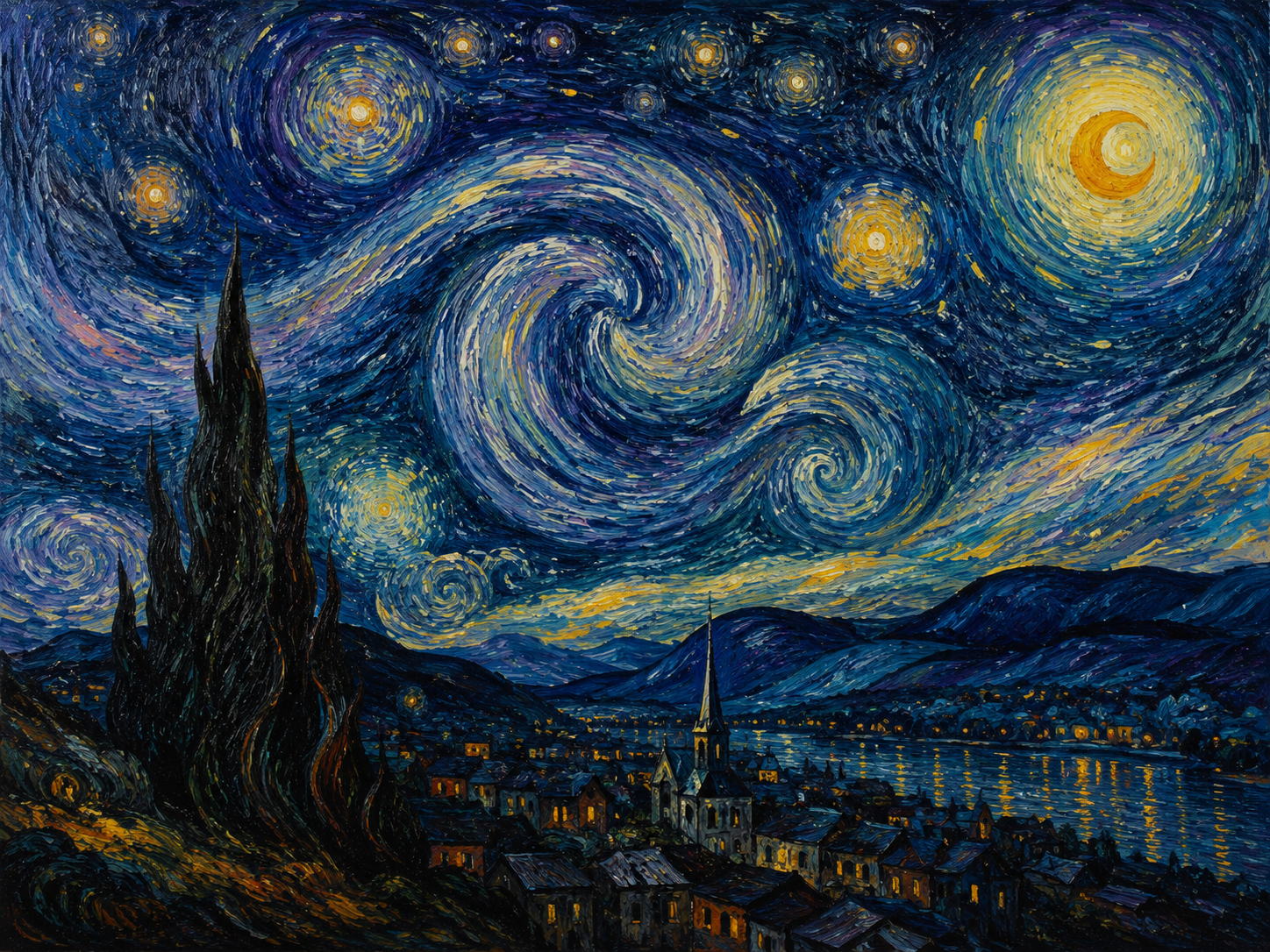 Starry night sky over a village with spiraling stars