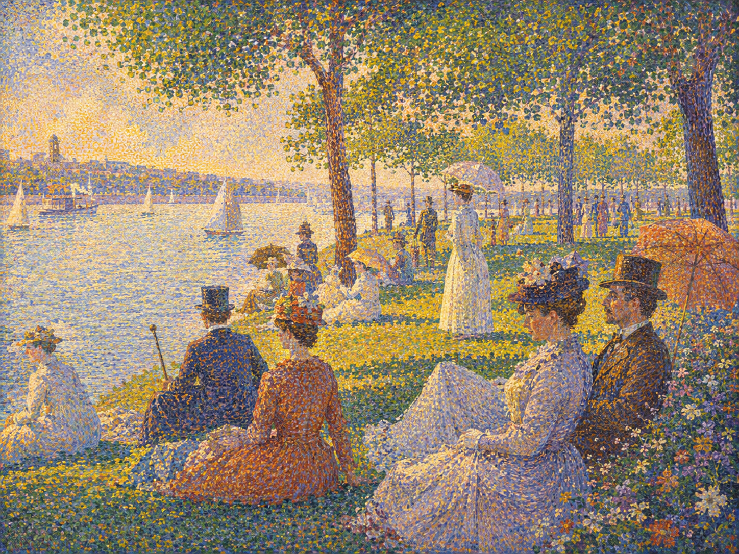 Pointillist riverside promenade with many figures