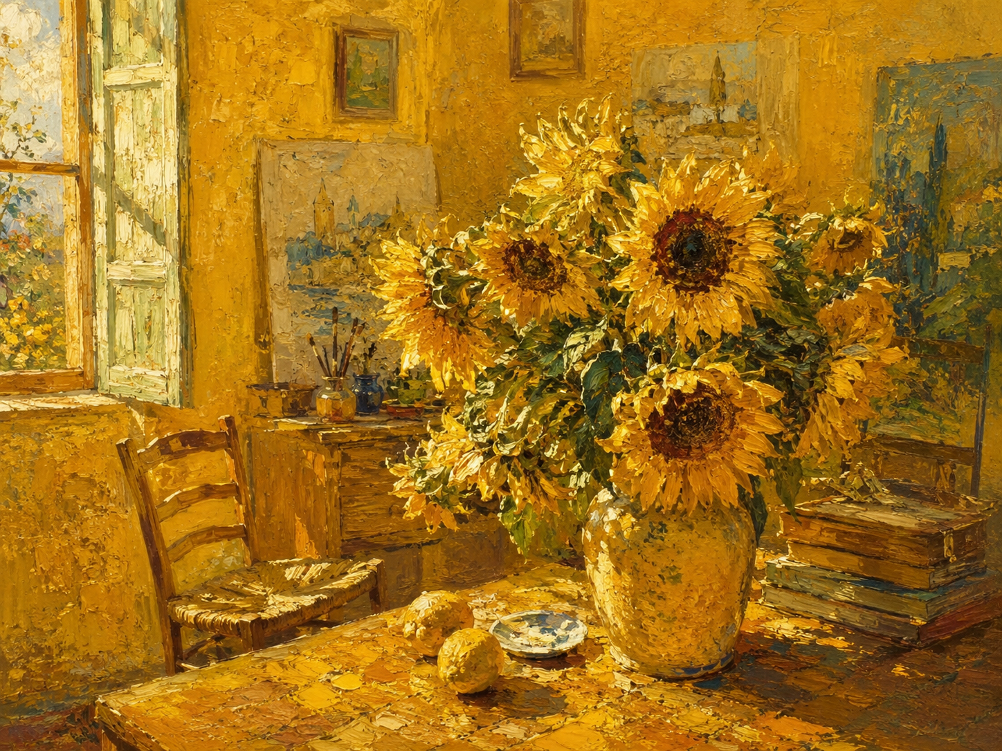 Sunflowers in a sunlit yellow artist room