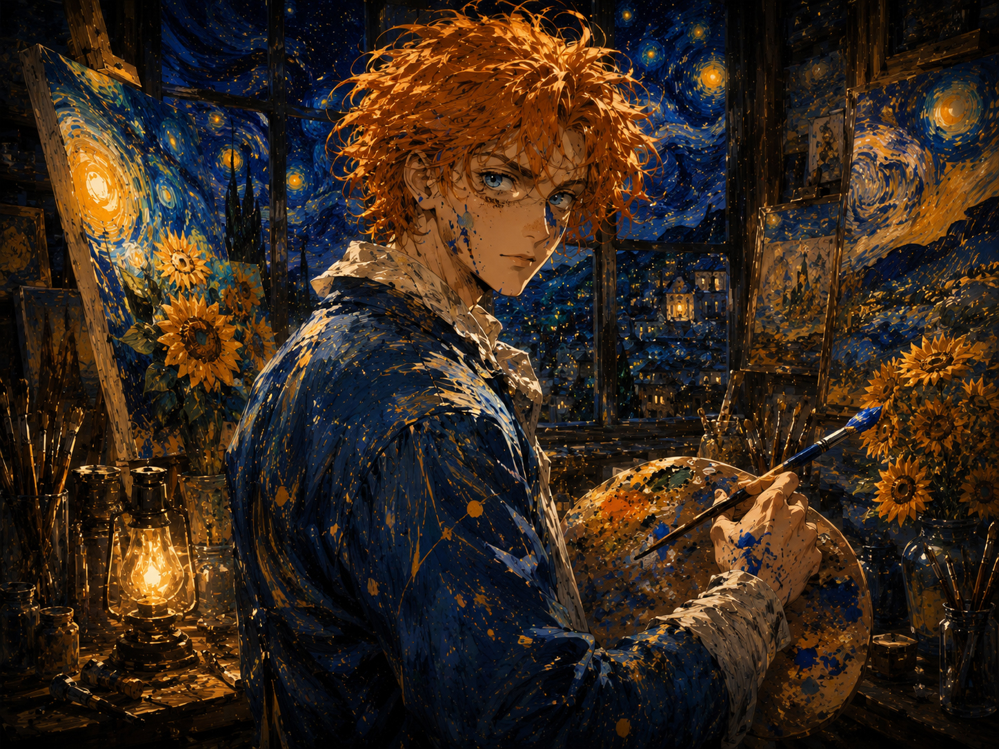 Van Gogh Boy character in a starry studio