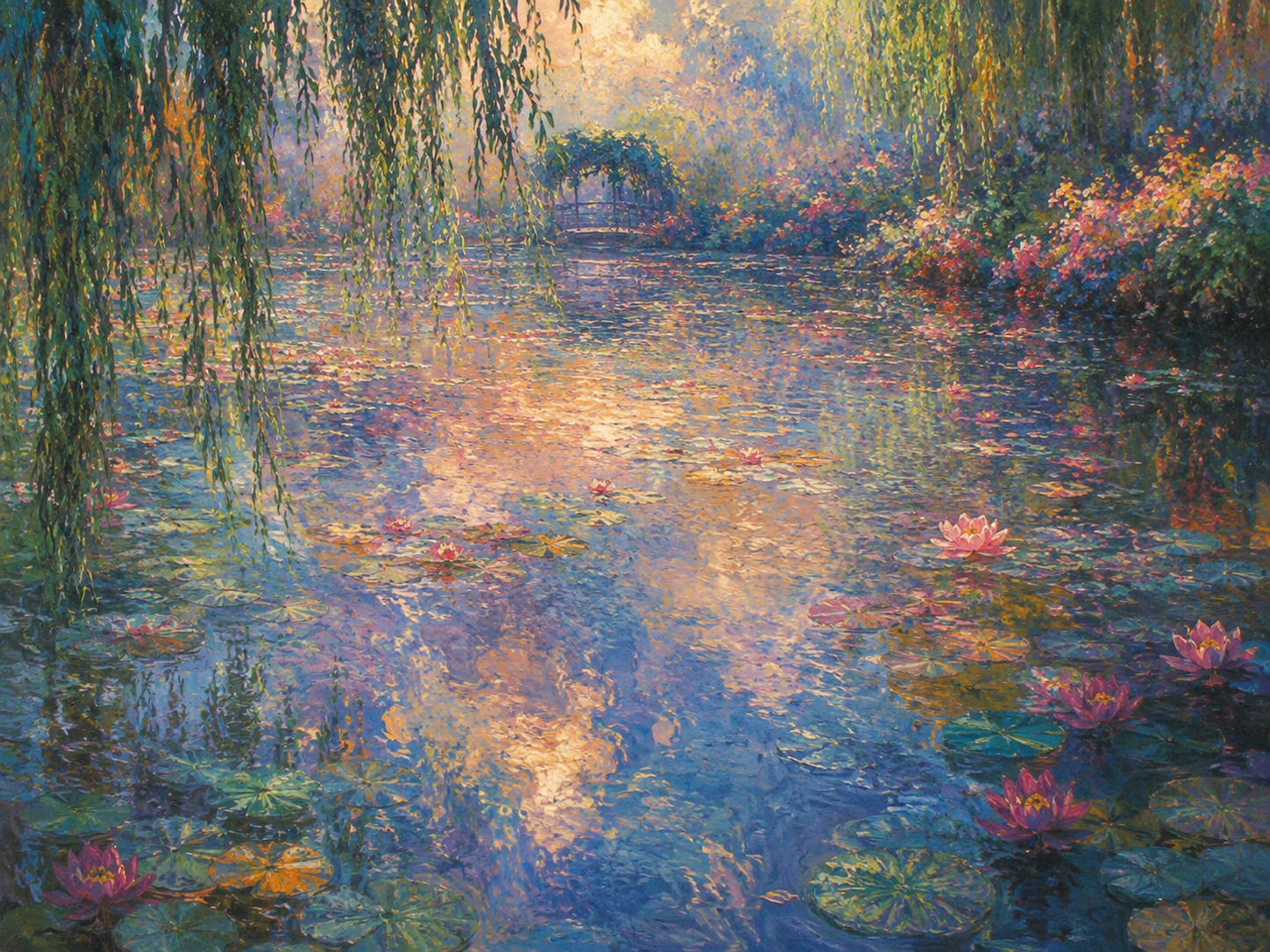 Dreamy garden pond with water lilies and reflections