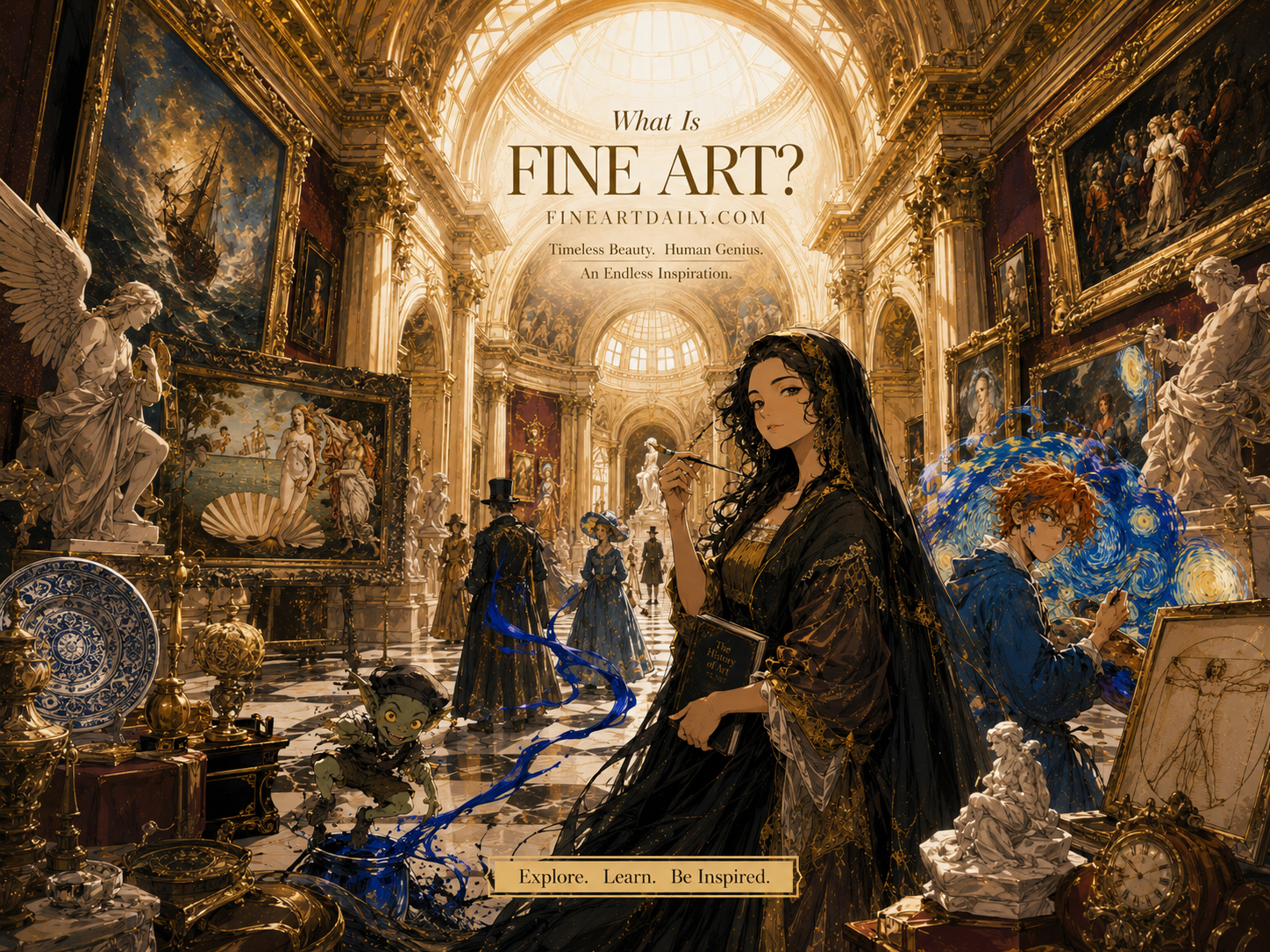 Golden museum gallery filled with classic artworks and warm light